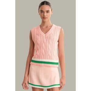 NEW 525 AMERICA ellie cable v-neck vest in pink salt combo